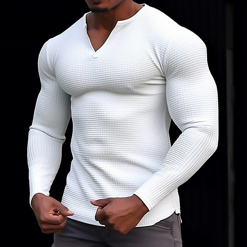 Men's T Shirt - Slim Fit Long Sleeve V-Neck with Ribbed Texture