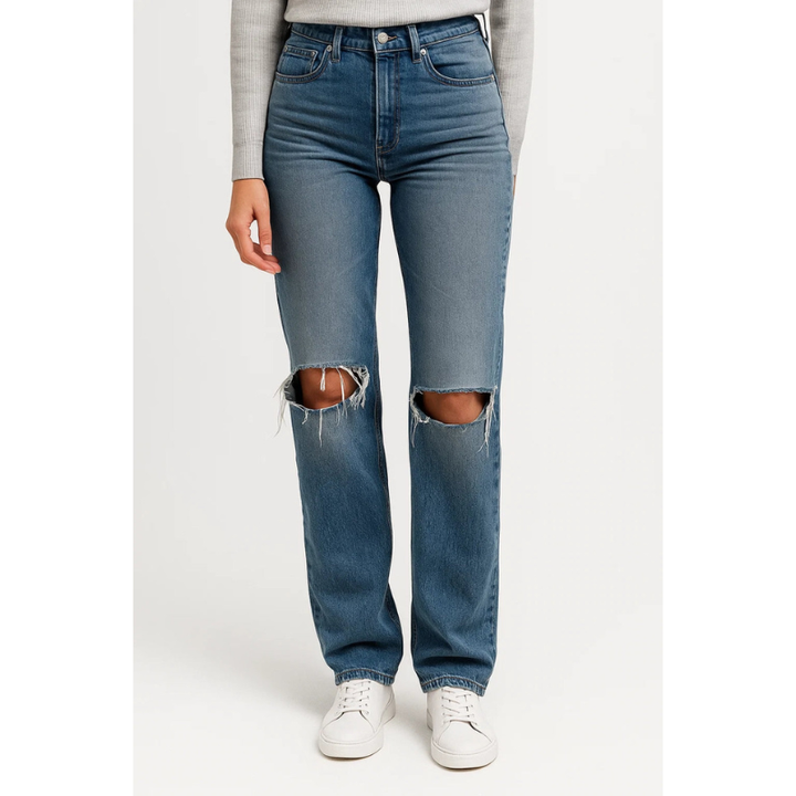 Jeans Women - Straight Leg High Waist Ripped Knee | Casual