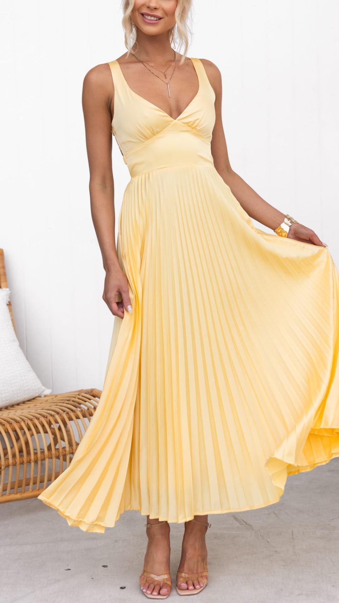 Maxi Dress Women - V-Neck Pleated Skirt Straps | Summer