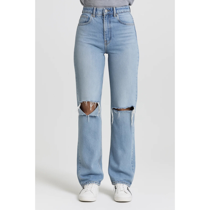 Jeans Women - Straight Leg High Waist Ripped Knee | Casual