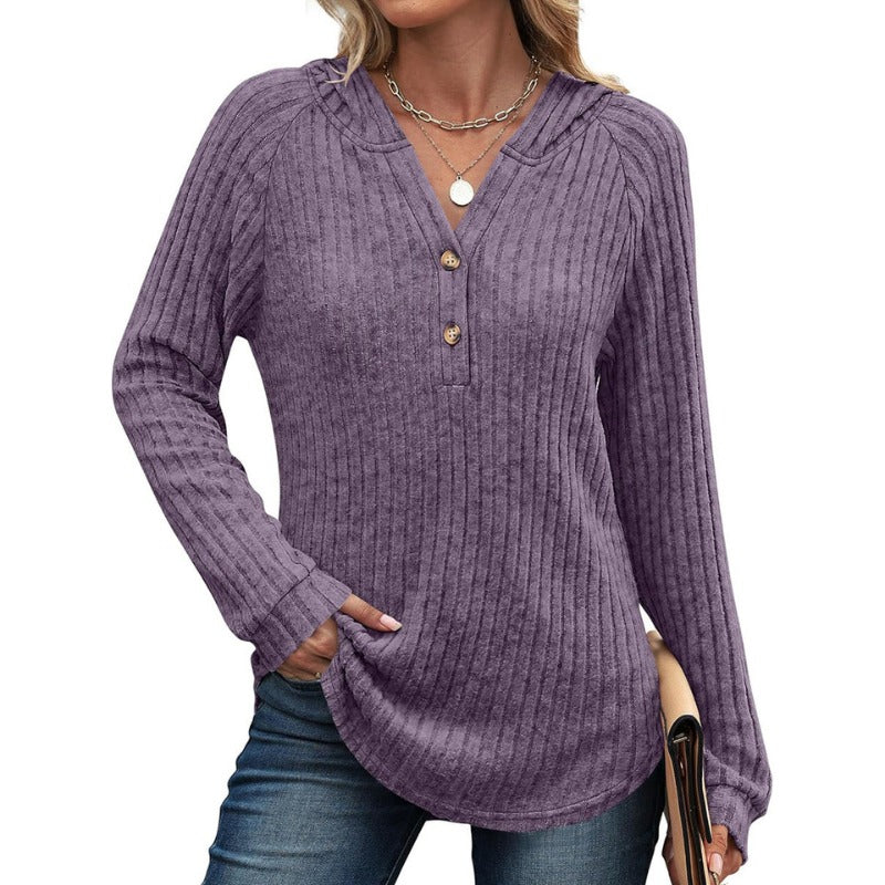 Women's Hoodie - Ribbed Half Button Long Sleeve | Casual