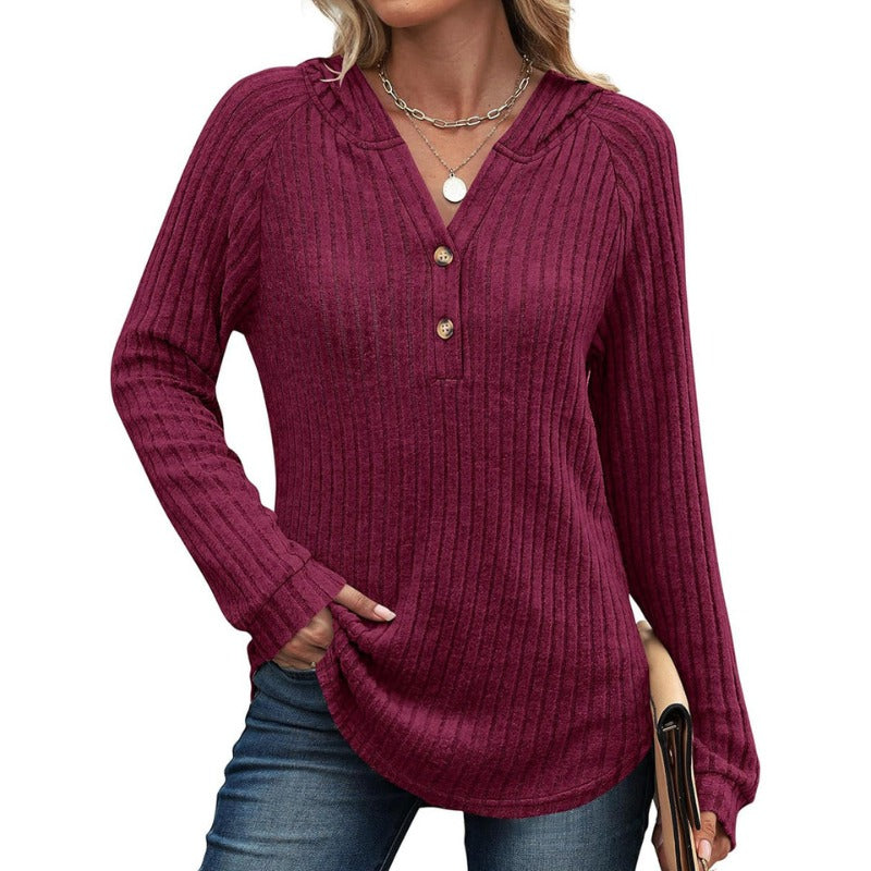 Women's Hoodie - Ribbed Half Button Long Sleeve | Casual