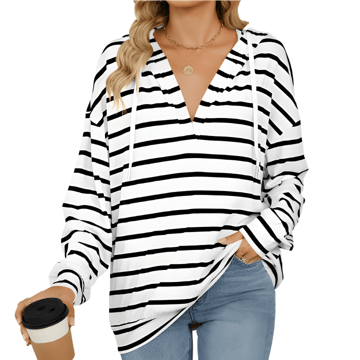 Women's Hoodie - Striped V-Neck Drawstring Long Sleeve Top | Casual