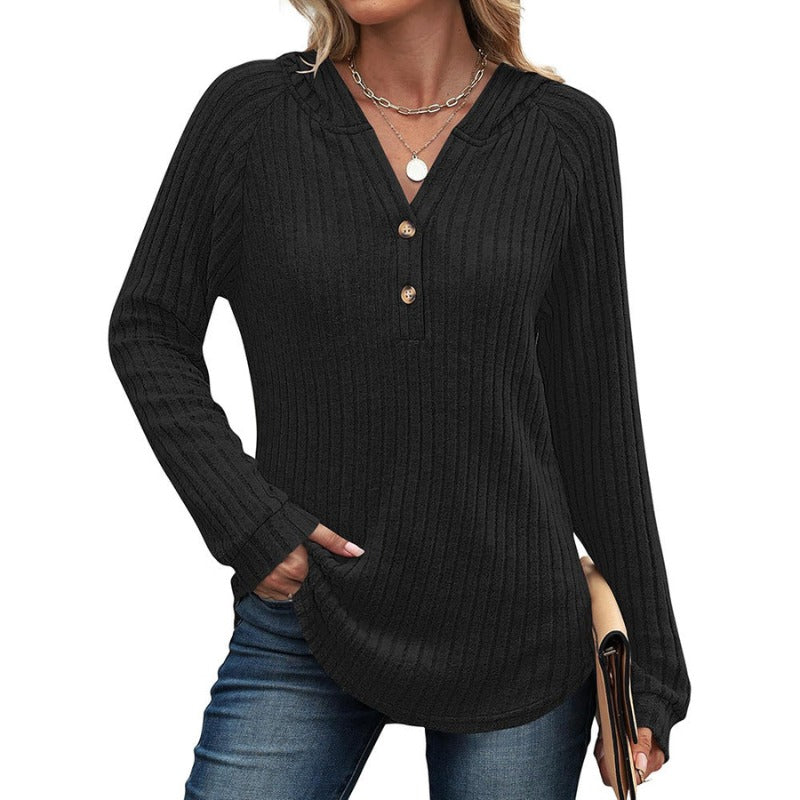 Women's Hoodie - Ribbed Half Button Long Sleeve | Casual