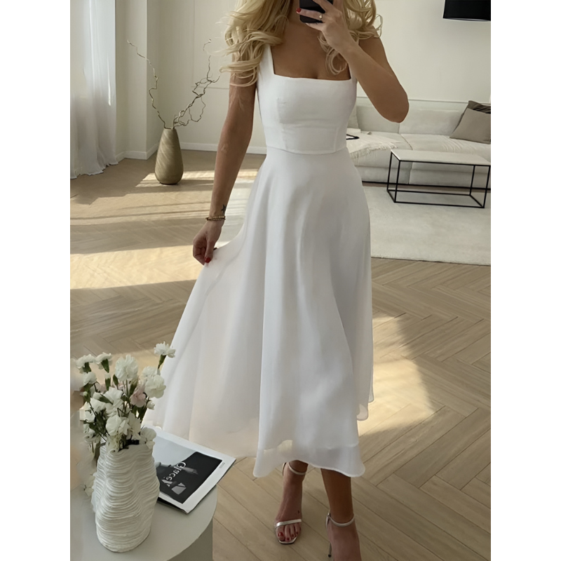 Midi Dress Women - Square Neck Strappy A-Line Full Skirt | Elegant