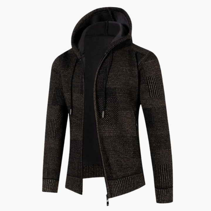 Men's Hoodie - Full Zip Knitted with Patchwork Texture | Casual