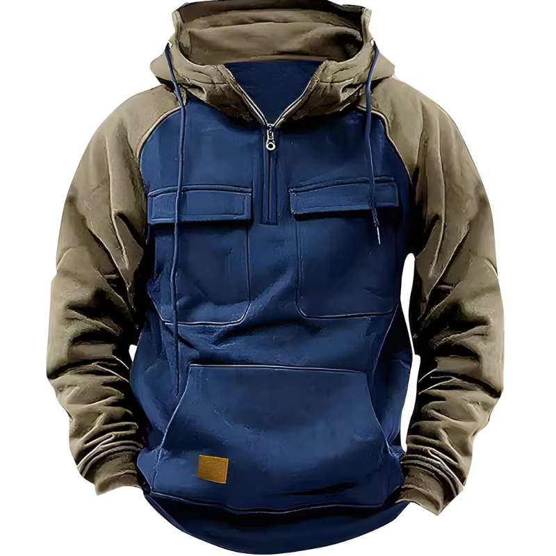 Men's Hoodie - Quarter Zip Contrast Sleeve Multi-Pocket | Casual