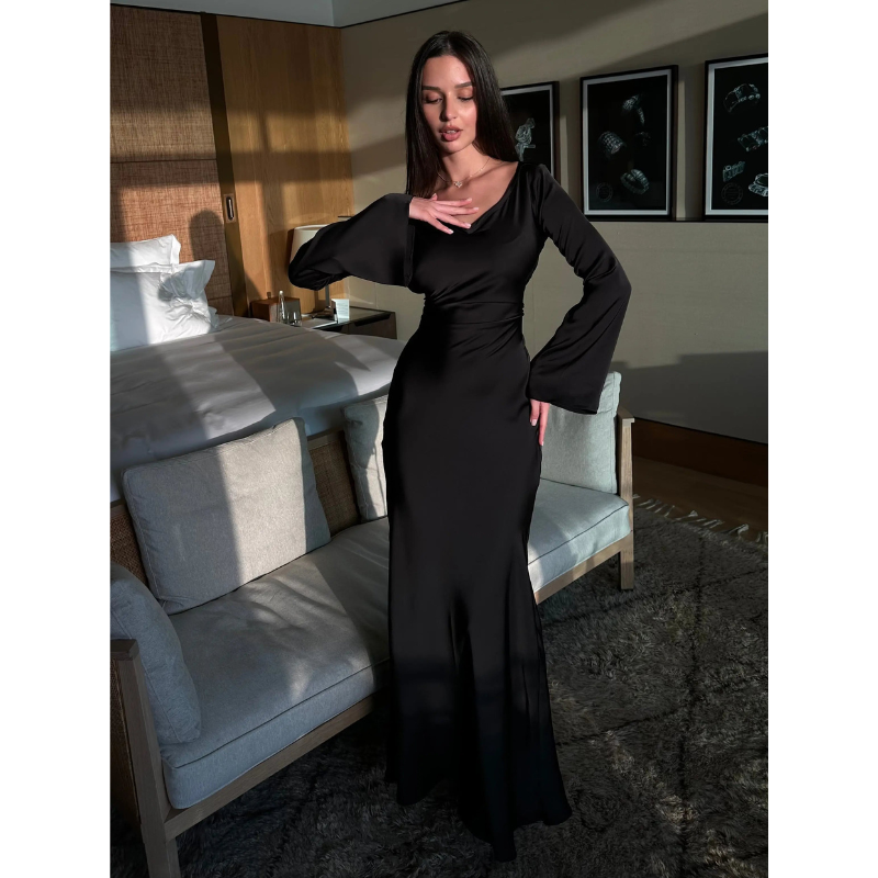 Maxi Dress Women - Cowl Neck Long Sleeve Bias Cut Slip | Elegant