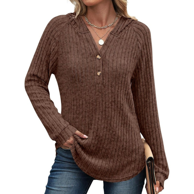 Women's Hoodie - Ribbed Half Button Long Sleeve | Casual