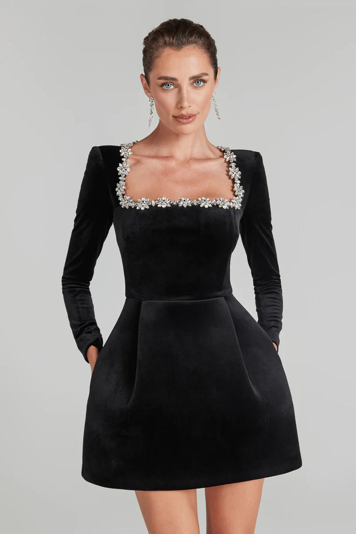 Mini Dress Women - Long Sleeve A-Line Jewel Trim | Party