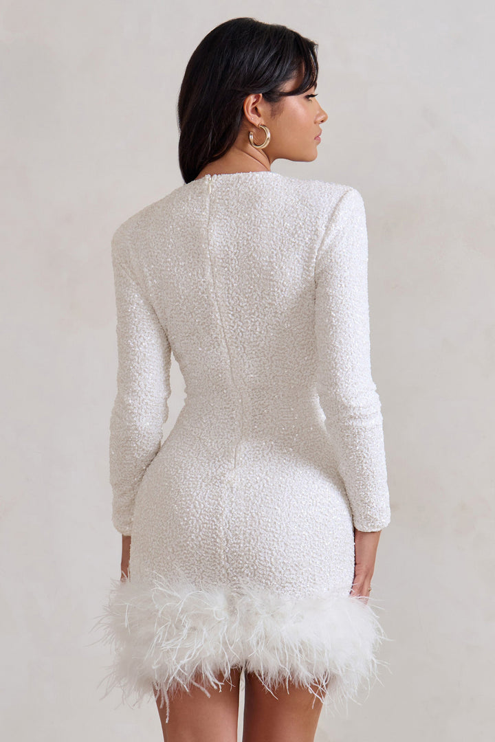 Mini Dress Women - Sequin Long Sleeve Feather Hem | Party