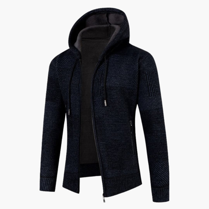 Men's Hoodie - Full Zip Knitted with Patchwork Texture | Casual