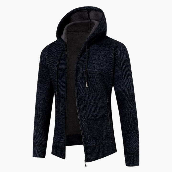 Men's Hoodie - Full Zip Knitted with Patchwork Texture | Casual