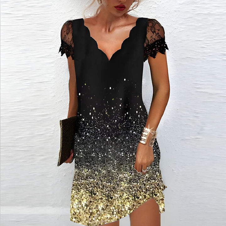Mini Dress Women - V-Neck Short Sleeve with Floral Trim | Elegant
