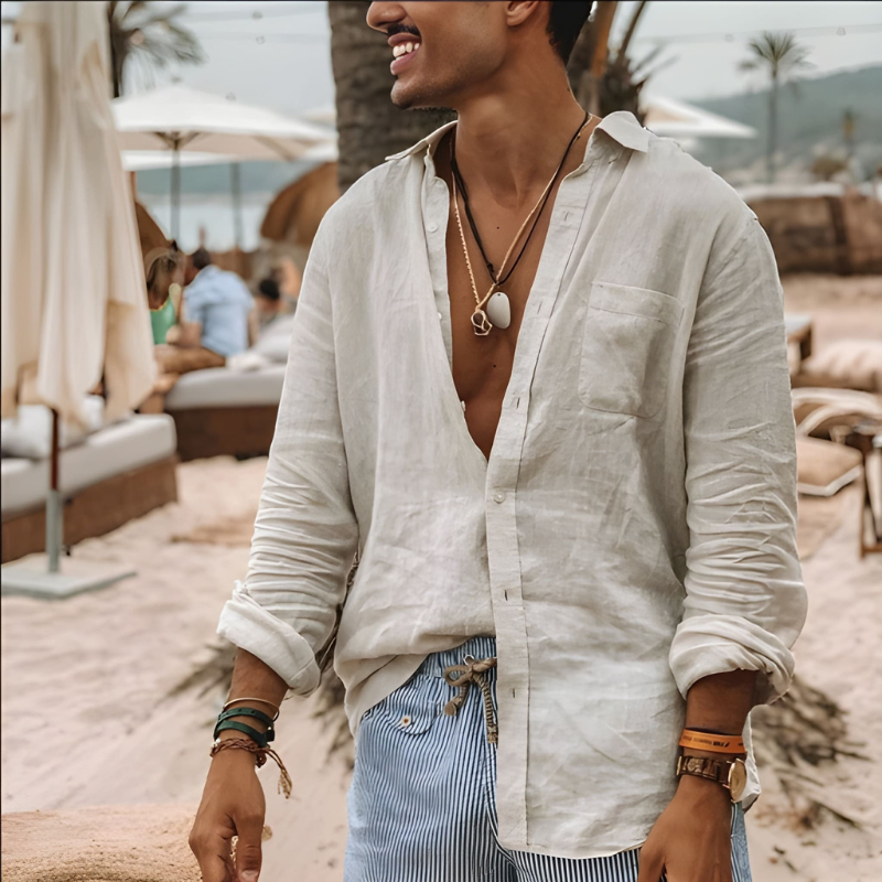 Men's Shirt - Relaxed Long Sleeve Button Front | Casual Summer
