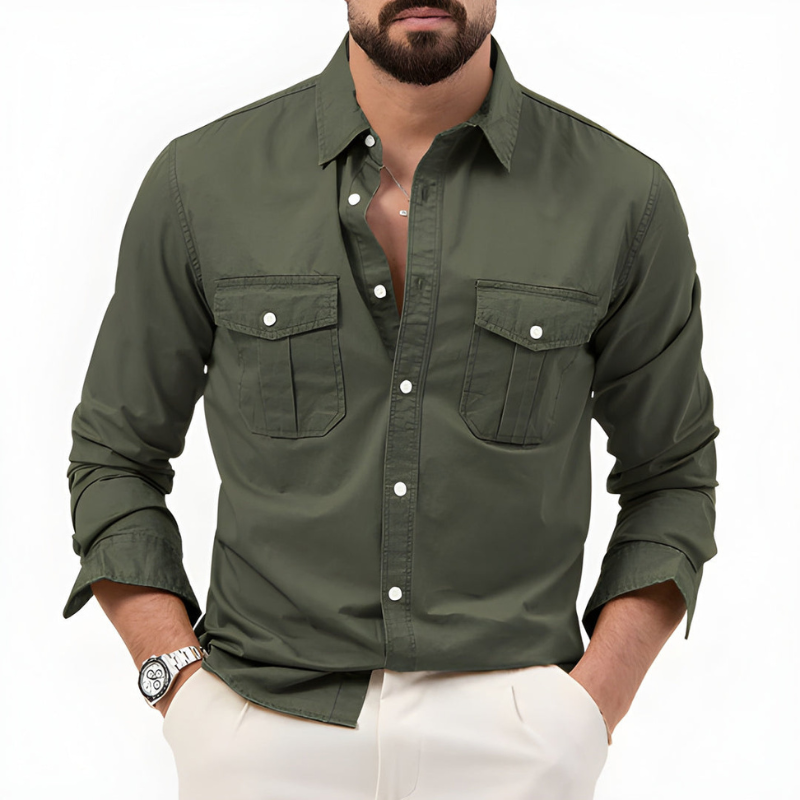Men's Shirt - Long Sleeve Utility Style with Chest Pockets | Casual