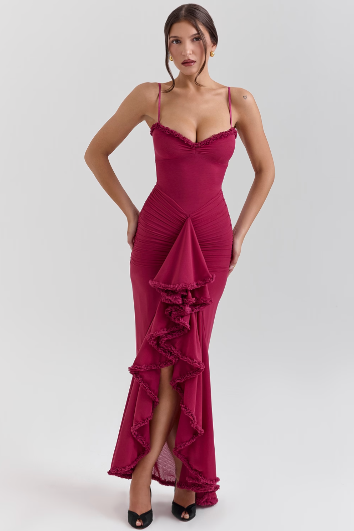 Maxi Dress Women - Sweetheart Strappy Ruffle Front Split | Elegant