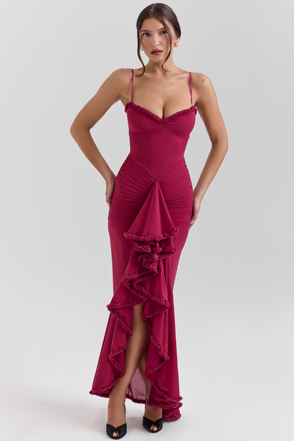 Maxi Dress Women - Sweetheart Strappy Ruffle Front Split | Elegant
