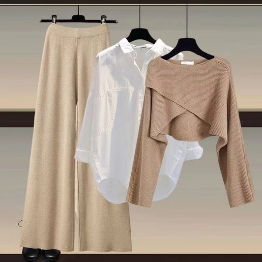 Women's Co-ord Set - Cropped Knit Top, Shirt and Wide Leg Trousers