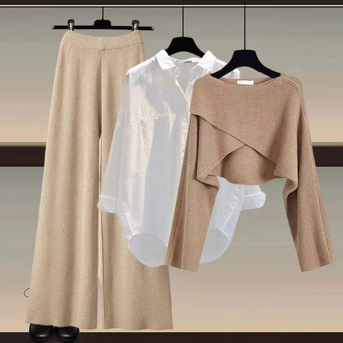 Women's Co-ord Set - Cropped Knit Top, Shirt and Wide Leg Trousers