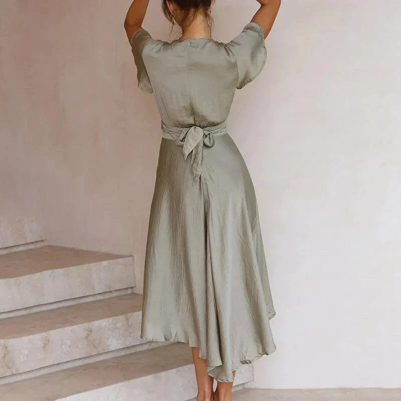 Midi Dress Women - Tie Front V-Neck Frill Hem | Summer