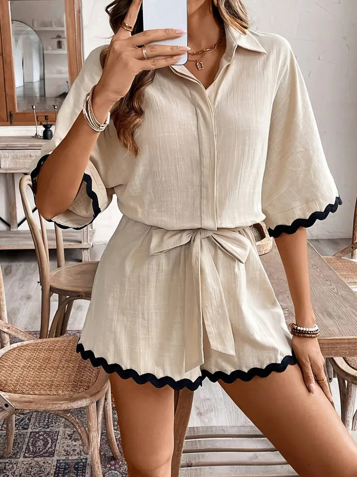 Women's Co-ord Set - Shirt and Shorts Contrast Trim Belted | Summer