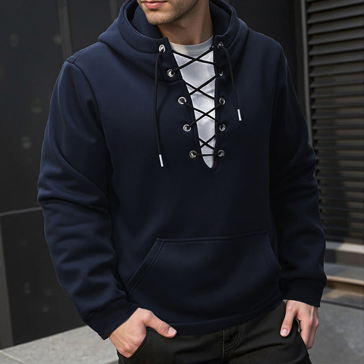 Men's Hoodie - Lace-up Front Detail Kangaroo Pocket | Casual