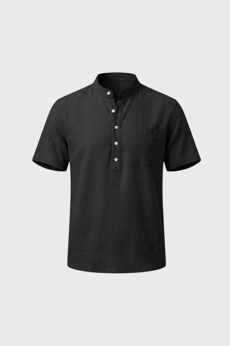 Henley Shirt Men - Band Collar Button Placket | Casual Summer — Black