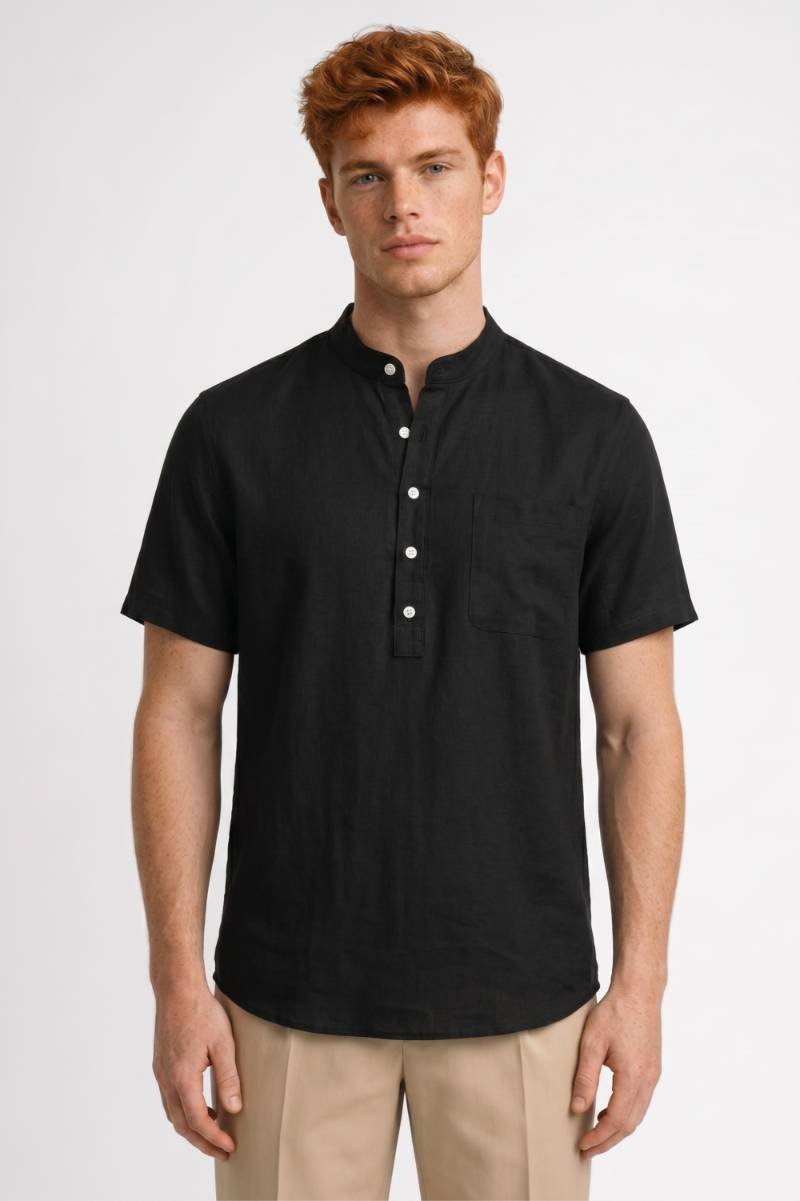 Henley Shirt Men - Band Collar Button Placket | Casual Summer — Black