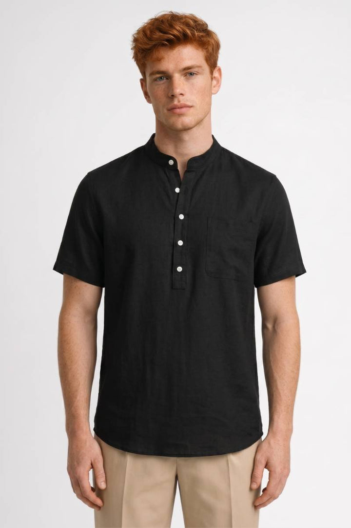 Henley Shirt Men - Band Collar Button Placket | Casual Summer — Black