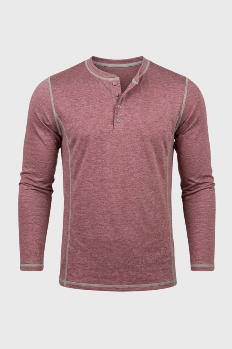 Henley Shirt Men - Long Sleeve Stand Collar Button Detail | Casual - Dusty Rose