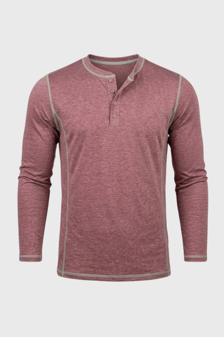 Henley Shirt Men - Long Sleeve Stand Collar Button Detail | Casual - Dusty Rose