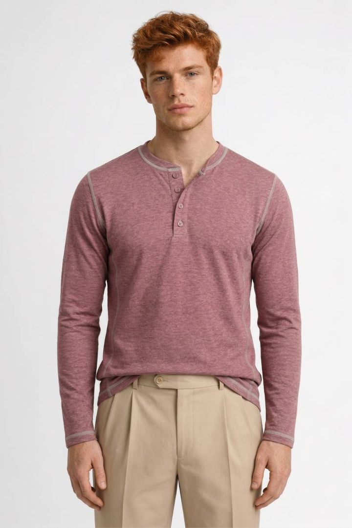 Henley Shirt Men - Long Sleeve Stand Collar Button Detail | Casual - Dusty Rose