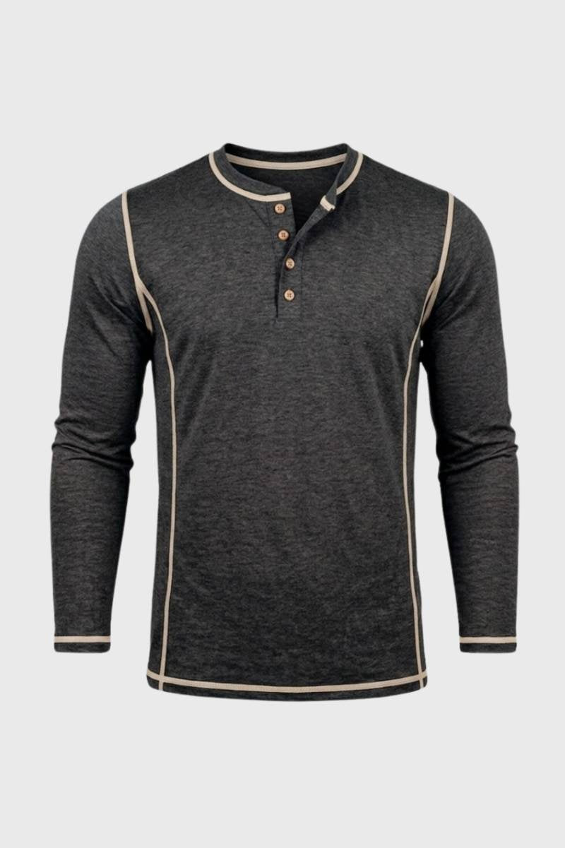 Henley Shirt Men - Long Sleeve Stand Collar Button Detail | Casual - Charcoal