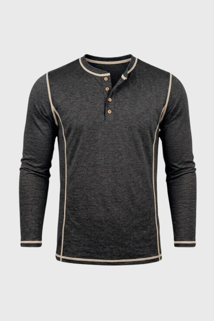 Henley Shirt Men - Long Sleeve Stand Collar Button Detail | Casual - Charcoal