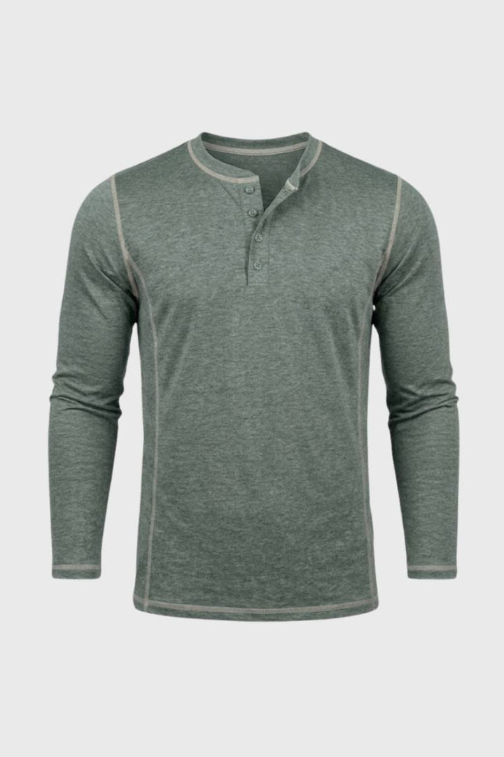 Henley Shirt Men - Long Sleeve Stand Collar Button Detail | Casual - Sage