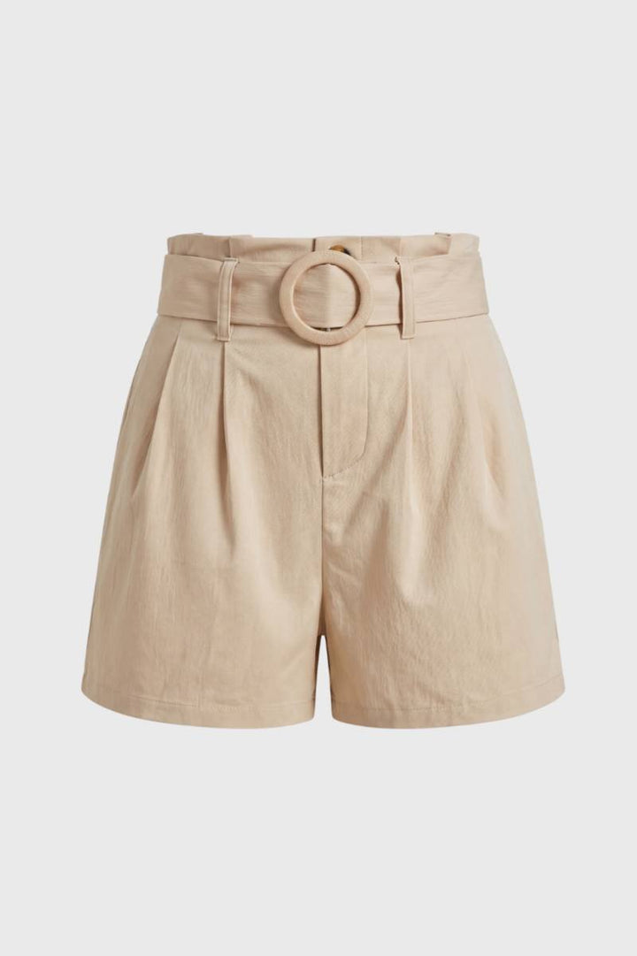 High Waisted Shorts Women - Circle Belt Detail Tailored | Chic — Beige