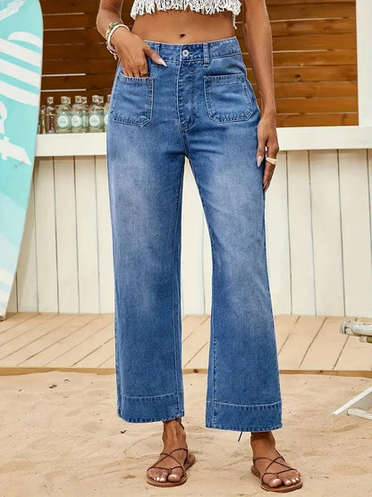 Women's Jeans - Wide Leg High Waist Patch Pocket Raw Hem | Casual