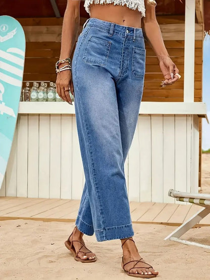 Women's Jeans - Wide Leg High Waist Patch Pocket Raw Hem | Casual