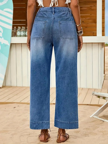 Women's Jeans - Wide Leg High Waist Patch Pocket Raw Hem | Casual