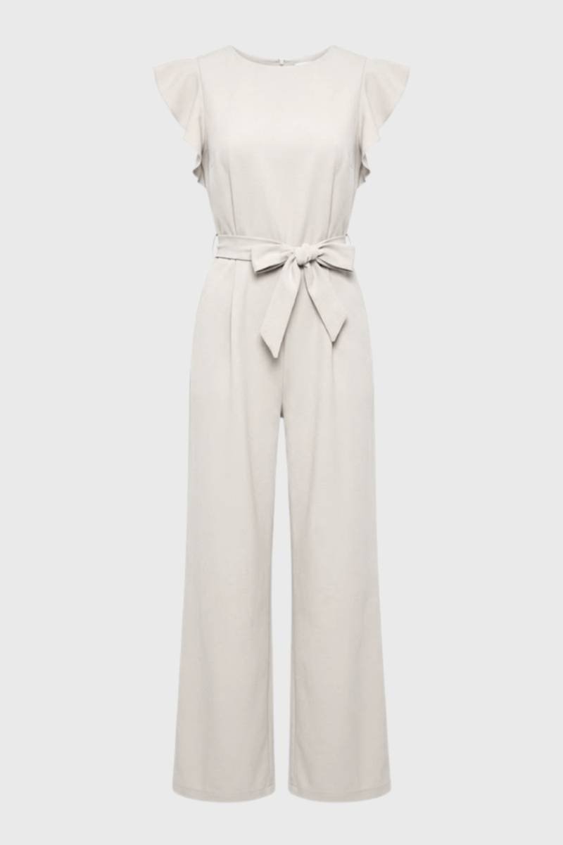 Jumpsuit Women - Flutter Sleeve Wide Leg with Tie Belt | Elegant — Beige