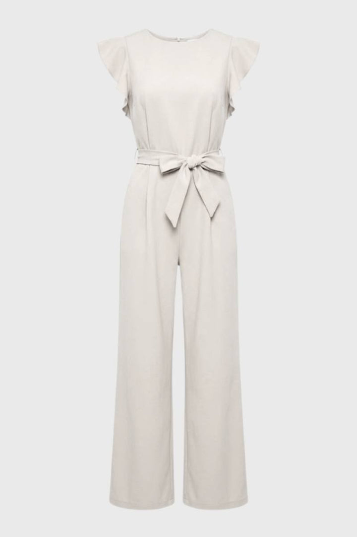 Jumpsuit Women - Flutter Sleeve Wide Leg with Tie Belt | Elegant — Beige