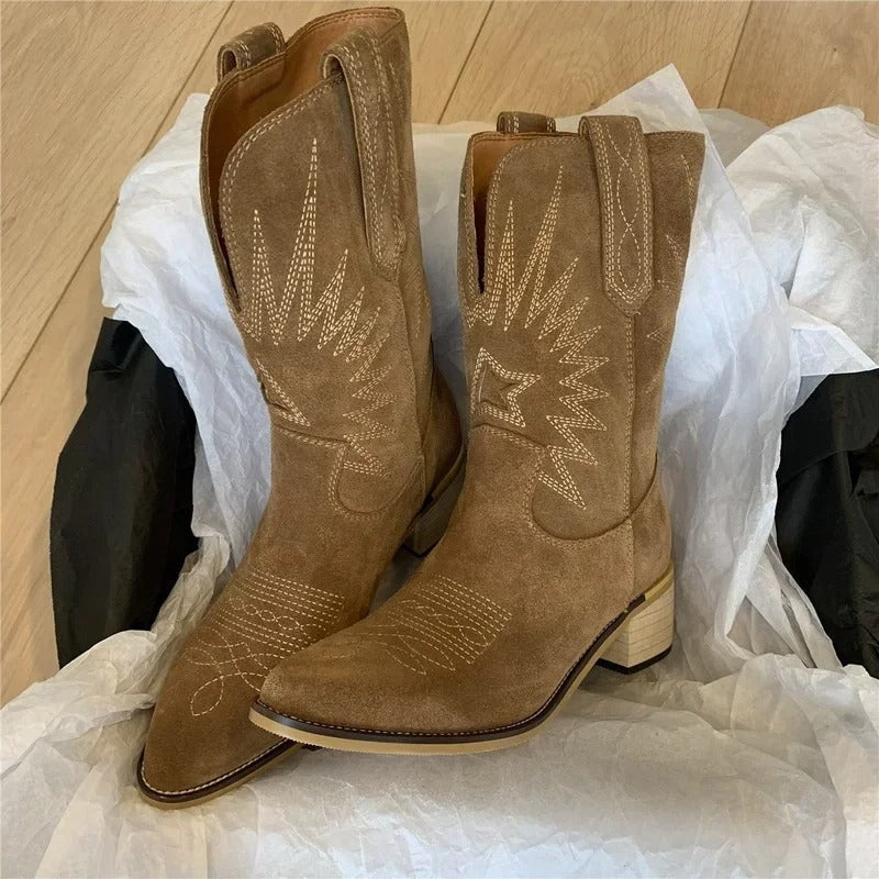 Womens Boots - Mid Calf Western Cowboy with Embroidered Detail | Casual