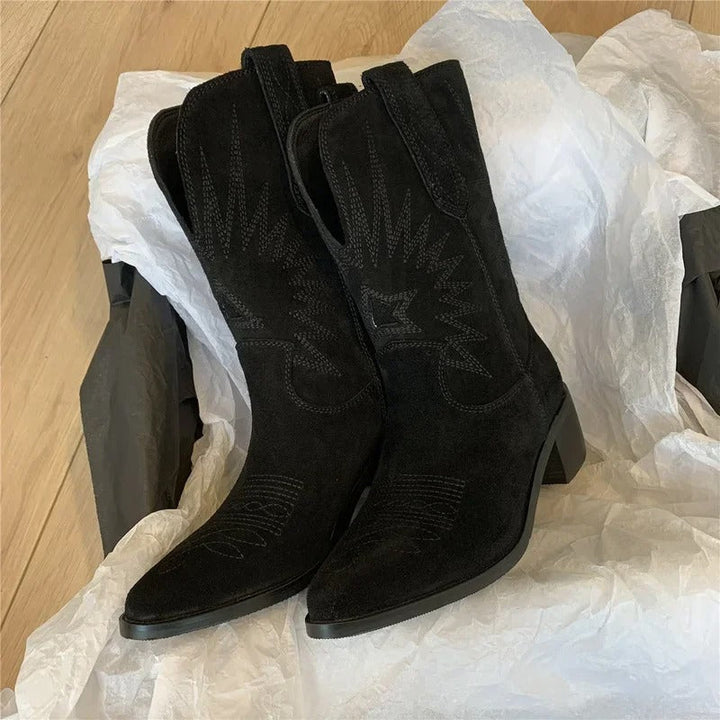Womens Boots - Mid Calf Western Cowboy with Embroidered Detail | Casual