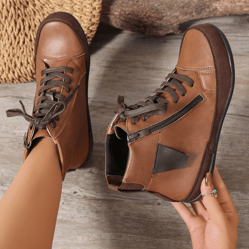 Ankle Boots Women - Lace Up Flat with Side Zip | Casual