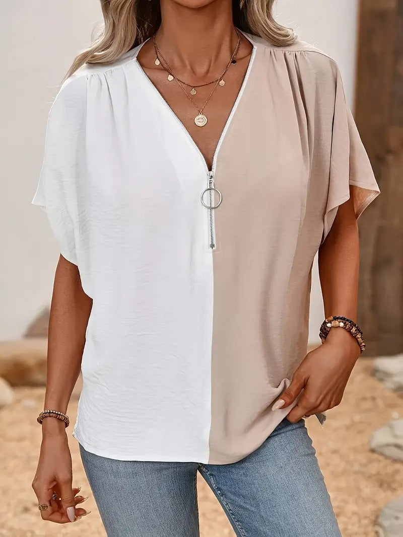 Blouse Women - Colour Block V-Neck Zip Short Sleeve | Casual