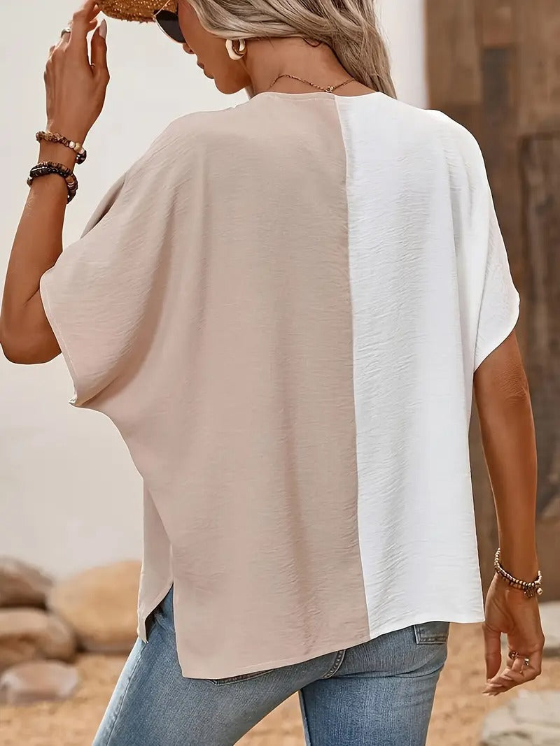 Blouse Women - Colour Block V-Neck Zip Short Sleeve | Casual