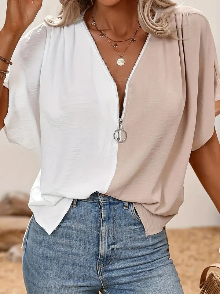 Blouse Women - Colour Block V-Neck Zip Short Sleeve | Casual