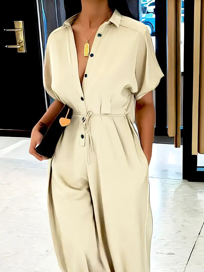 Jumpsuit Women - Short Sleeve Button Front Belted | Casual