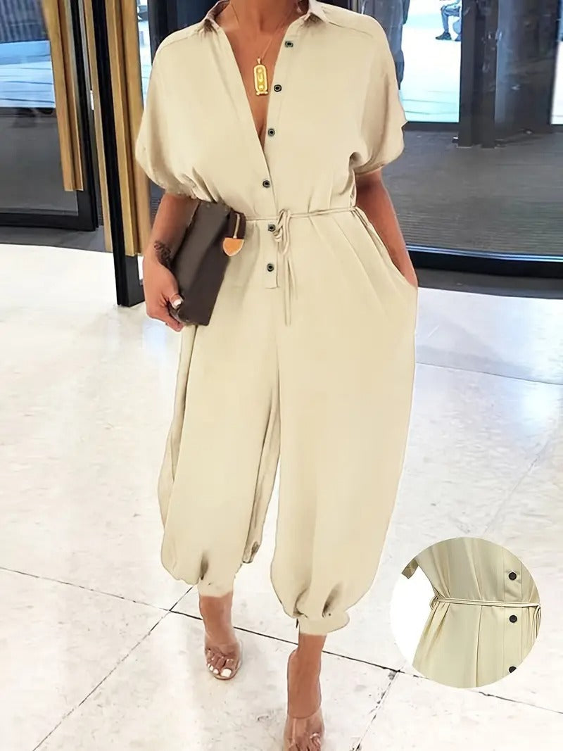 Jumpsuit Women - Short Sleeve Button Front Belted | Casual